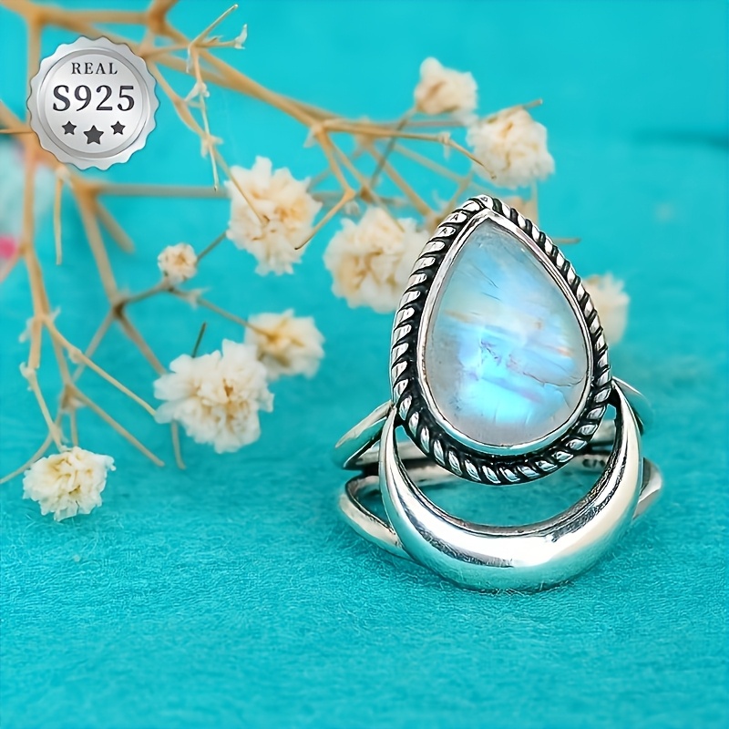 Vintage S925 Large Drop Opal Moon Ring, Fashion Statement